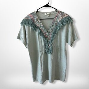 VINTAGE Eclectic Western Bohemian Aztec Sage GreenTop with Fringe size Medium